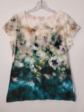Coldwater Creek Floral Teal, Cream & Green Tee Size M